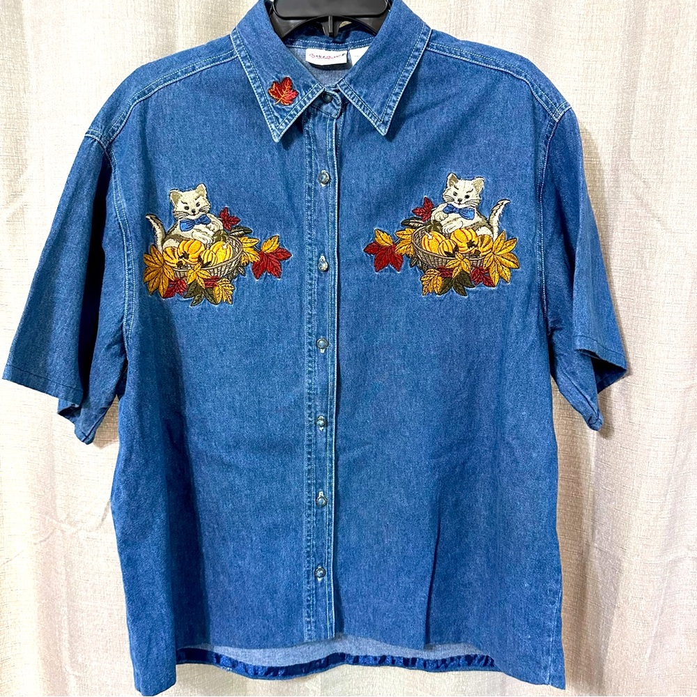 Bobbie Brooks Embroidered Denim Top Blouse Shirt Women Size L Blue Collar Cotton